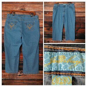 JeanBay Jeans Plus Size 16 W Capri Blue Ramie Denim Embroidered Vintage Y2K